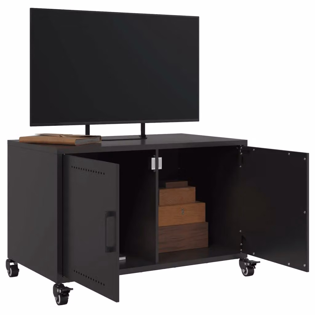 Berkfield Home Black Metal TV Cabinet with Hinged Doors, W: 68 cm, D: 39 cm, H: 43.5 cm – 4