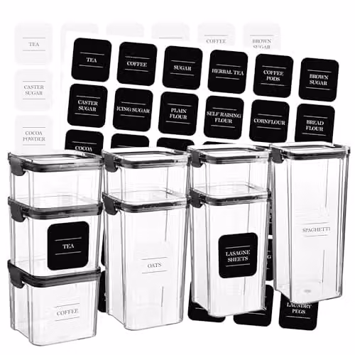 Argon Tableware 8 Piece Food Storage Container Set in Black and Transparent, BPA-Free Stackable Plastic Containers with Clip Lids