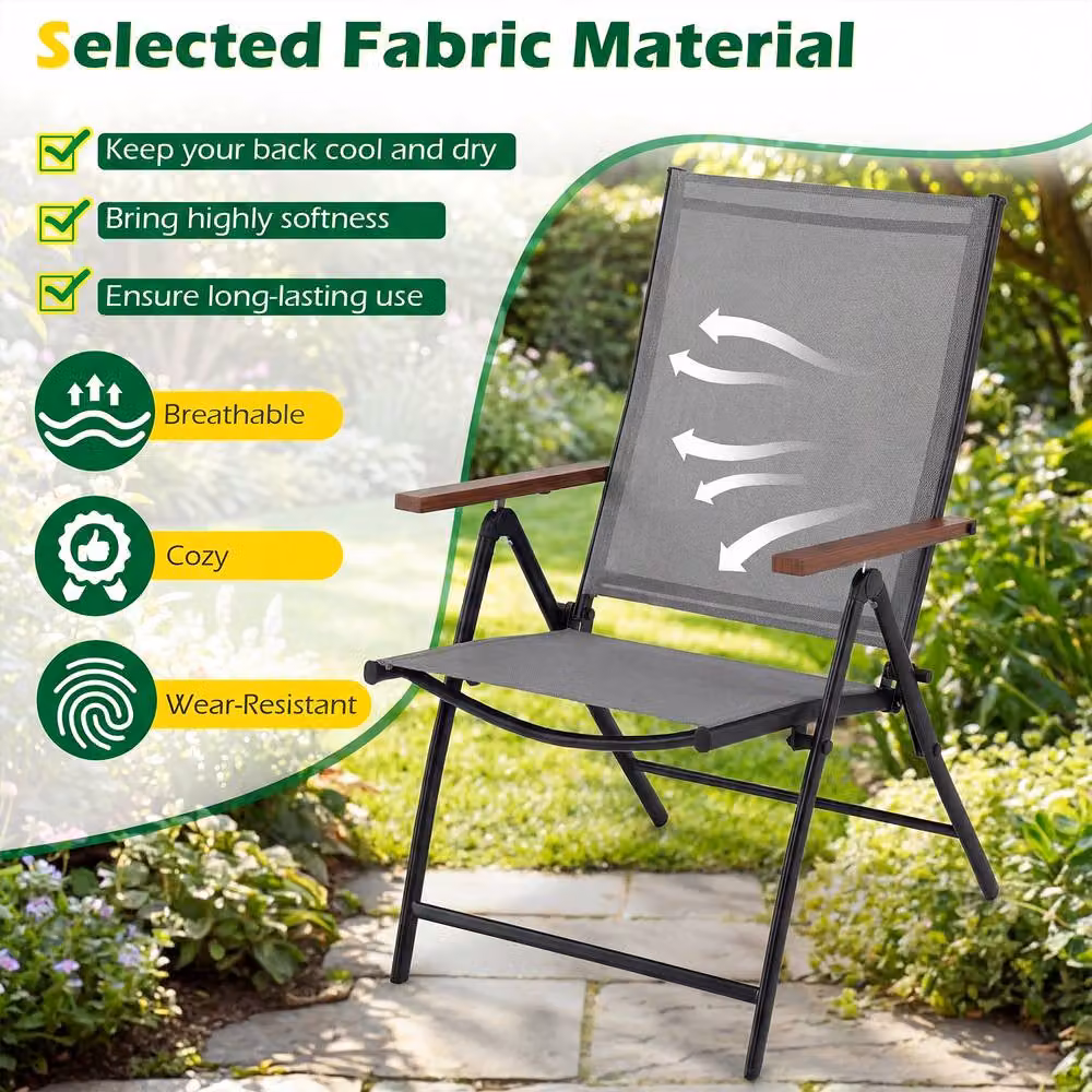 Costway Set of 4 Grey Folding Patio and Garden Dining Chairs with 5-Position Backrests and Armrests – 4