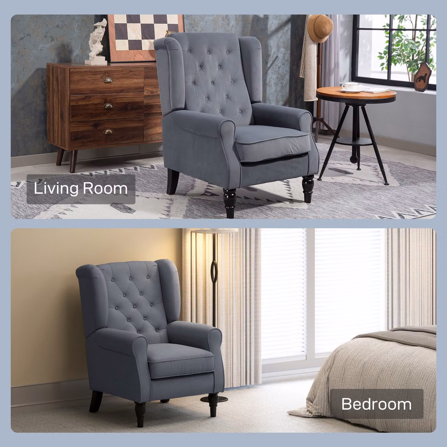 HOMCOM Grey Retro Wingback Accent Chair with Button Tufting and Armrests – 7