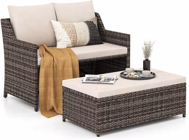 COSTWAY 2-Piece Modern White Rattan Outdoor Patio Furniture Set