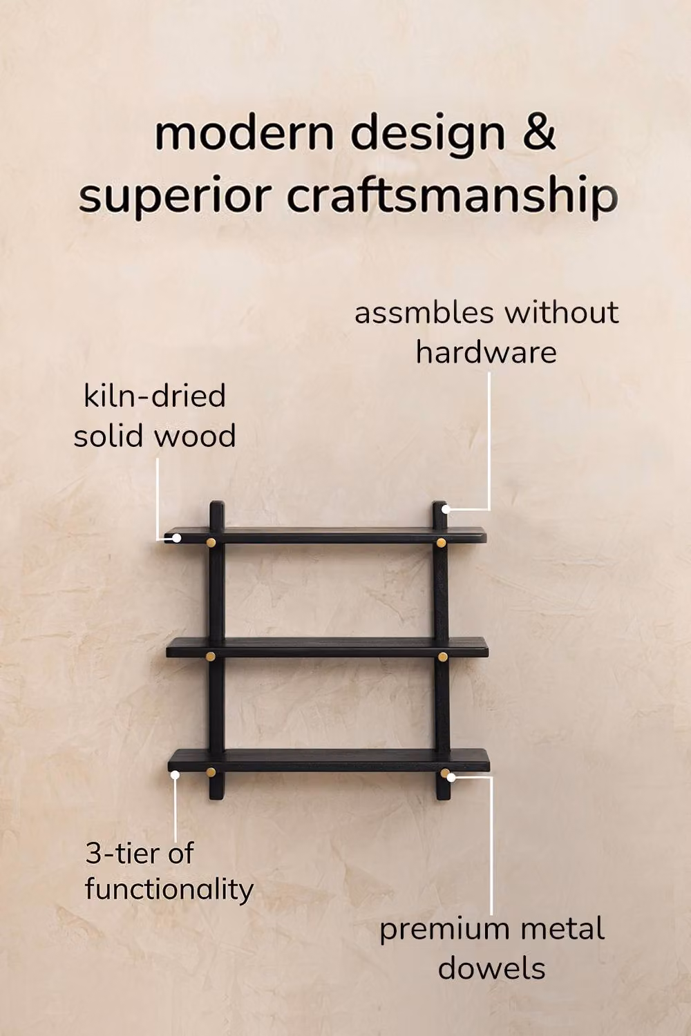 MH London 3-Tier Wall Mounted Floating Display Shelf in Black Mango Wood and Metal – 3