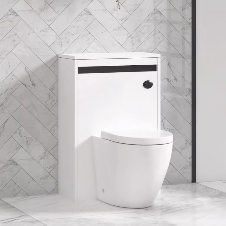 Royal Bathrooms Orion Wall Mounted Matt White WC Unit with Elva Rimless Ceramic Toilet Pan, Slim Soft Close Seat and Cistern with Black Accent Trim, Width: 54 cm