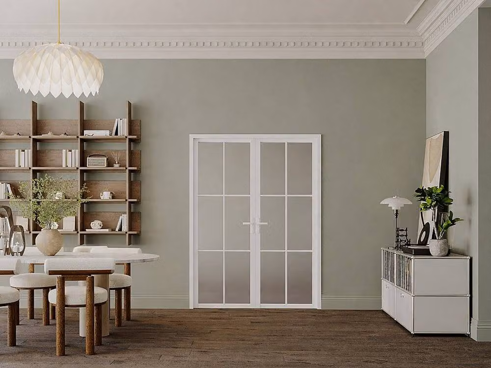 Vente-unique Reversible Double-Leaf Modern Aluminium and Frosted Glass Swing Door Set in White, H: 204 cm, W: 146 cm – 2