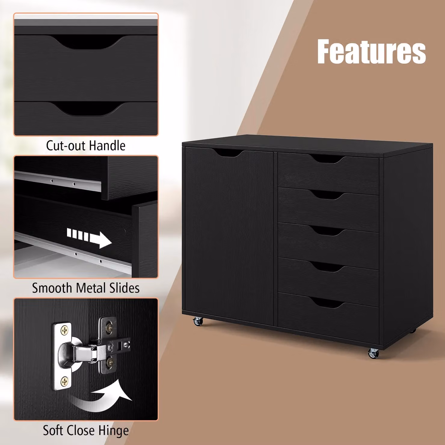 Costway Mobile 5-Drawer Chest of Drawers with Adjustable Shelf in Black – 6