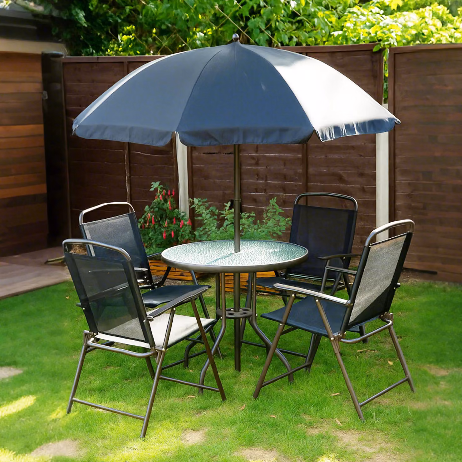 Outsunny 6 Piece Black Patio Dining Set with Round Glass Table and Folding Chairs – 4