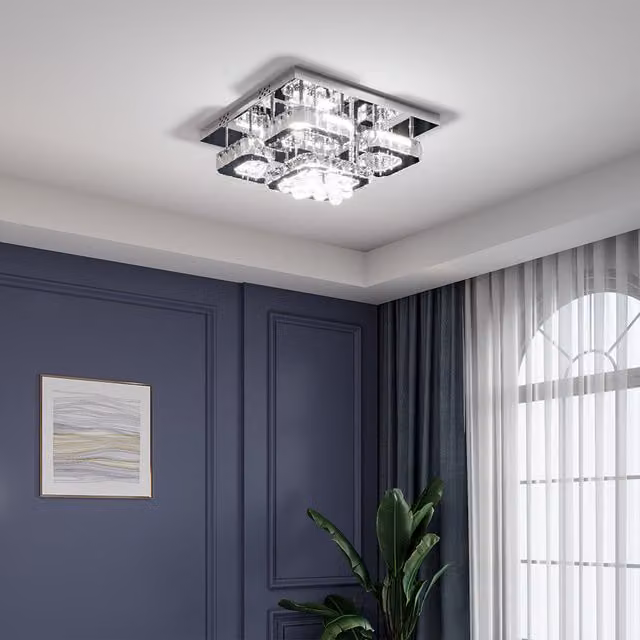 Livingandhome Modern Square Crystal LED Flush Ceiling Light in Chrome and Silver with Cool White Light