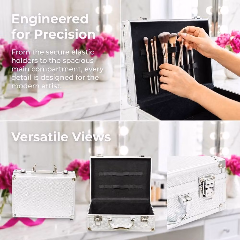 EONLION Silver Metal Lockable Makeup Train Case with Handle, W/D/H: 50 x 25 x 17 cm – 3