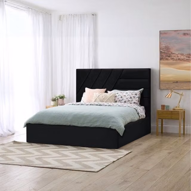 Desire Deco Eleonora Modern Upholstered Storage Bed in Black Velvet Fabric, W/D/H: 120 x 200 cm