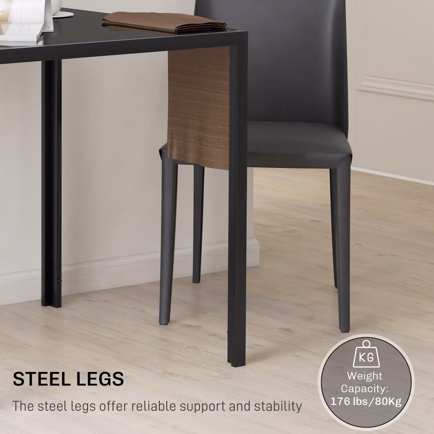HOMCOM Modern Square Dining Table with Glossy Black Glass Top and Metal Legs, W/D/H: 80 x 80 x 75 cm – 5