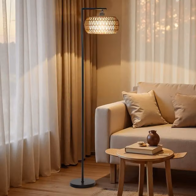HOMCOM Boho Dimmable Rattan Floor Lamp in Black