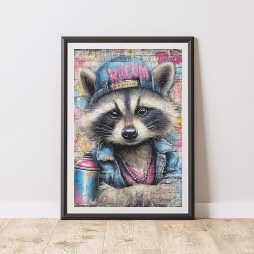 60 Second Makeover Raccoon Graffiti Urban Street Art Poster, Multicolour, A4