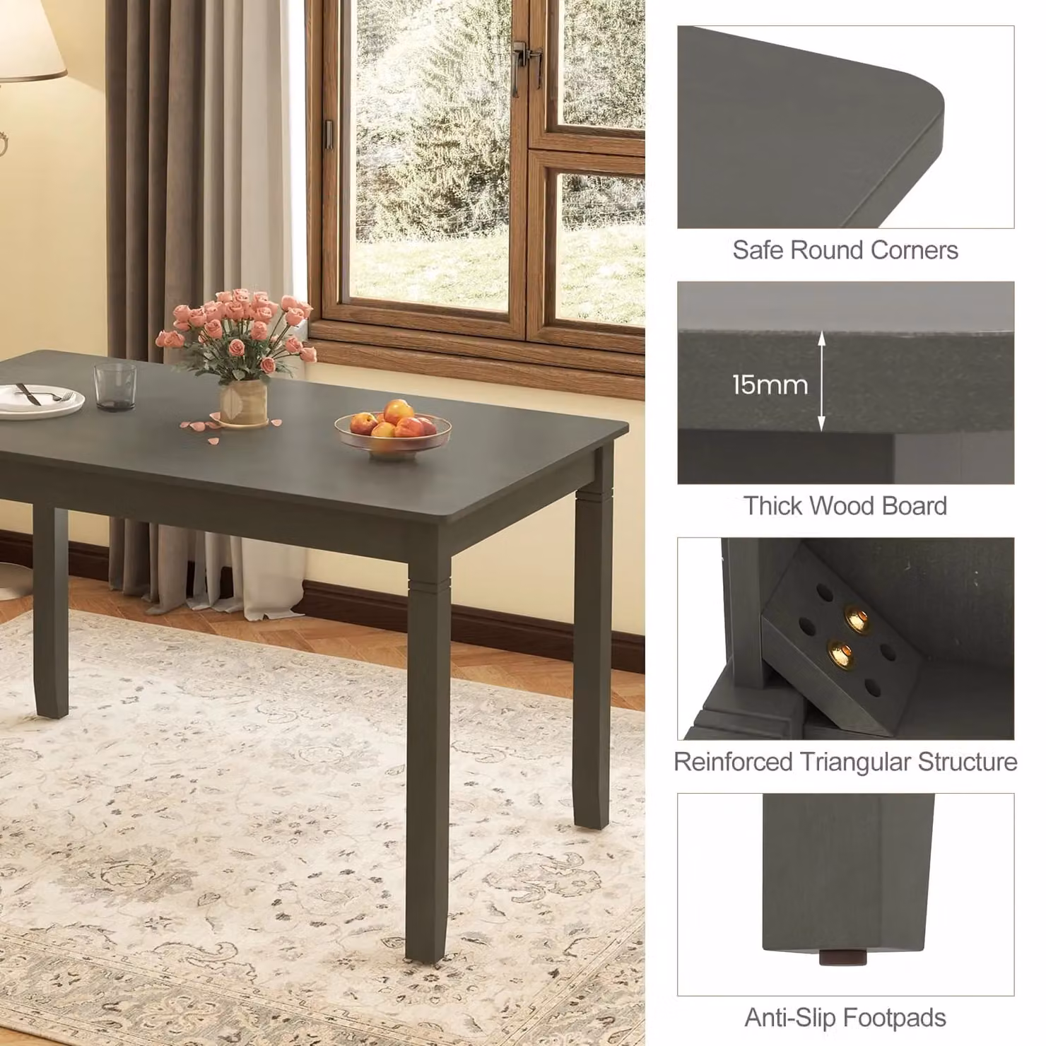 Gymax Rectangular Wooden Dining Table for 4 People in Grey and Black, W: 122 cm – 5