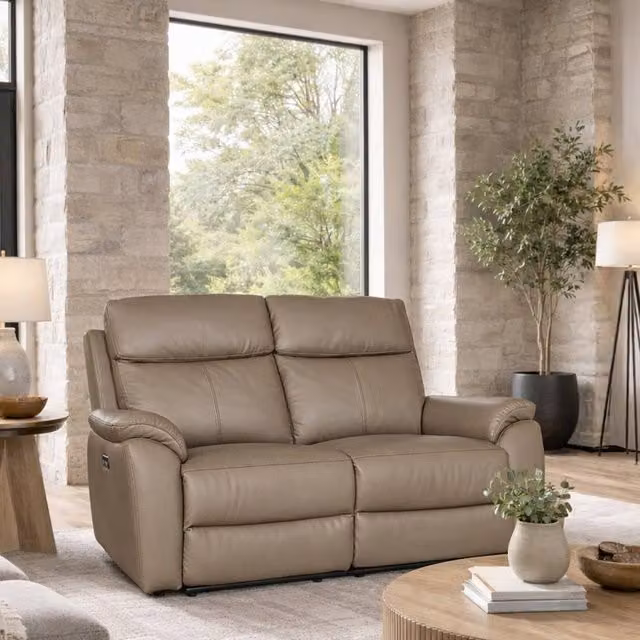 Aspire Kingsmere 2 Seater Power Recliner Sofa in Brown Real Leather with USB Charging – 1