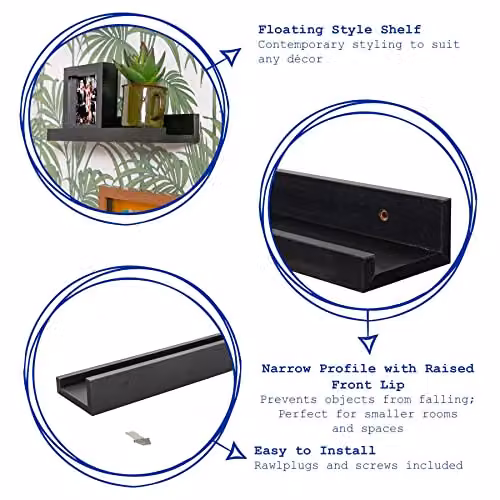 Harbour Housewares Pack of 3 Black Floating Picture Ledge Wall Shelves, 57 cm – 3