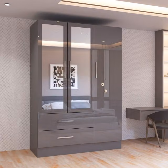 Sliding Wardrobes 4 u Modern Glossy Grey Hinged Door Wardrobe with Mirror, Width: 116 cm