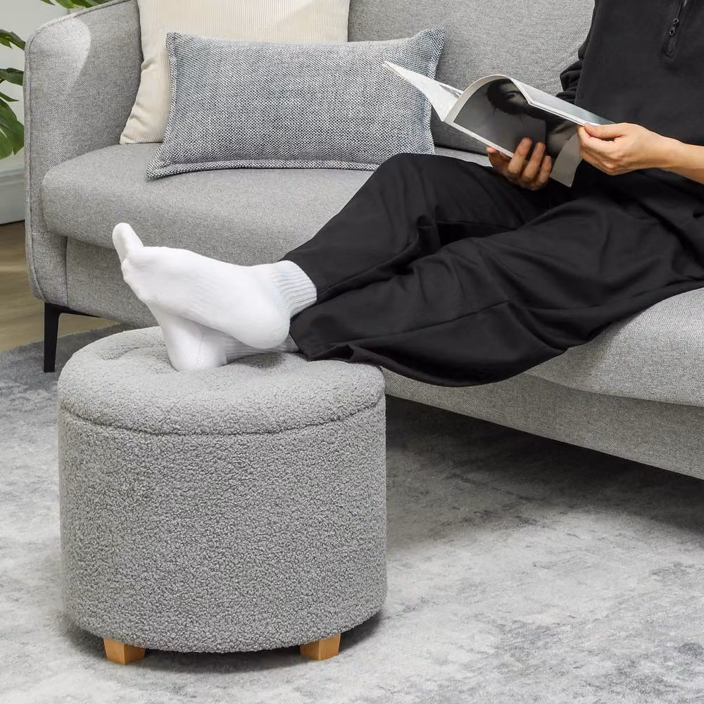 STILVORA 31.8L Grey Bouclé Storage Stool with Wooden Legs – 4