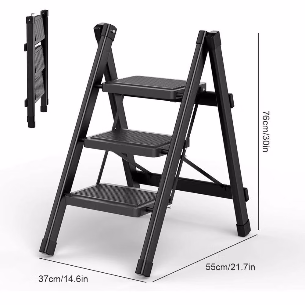 FLAVORA Black 3 Step Steel Folding Ladder with Rubber Feet – 2