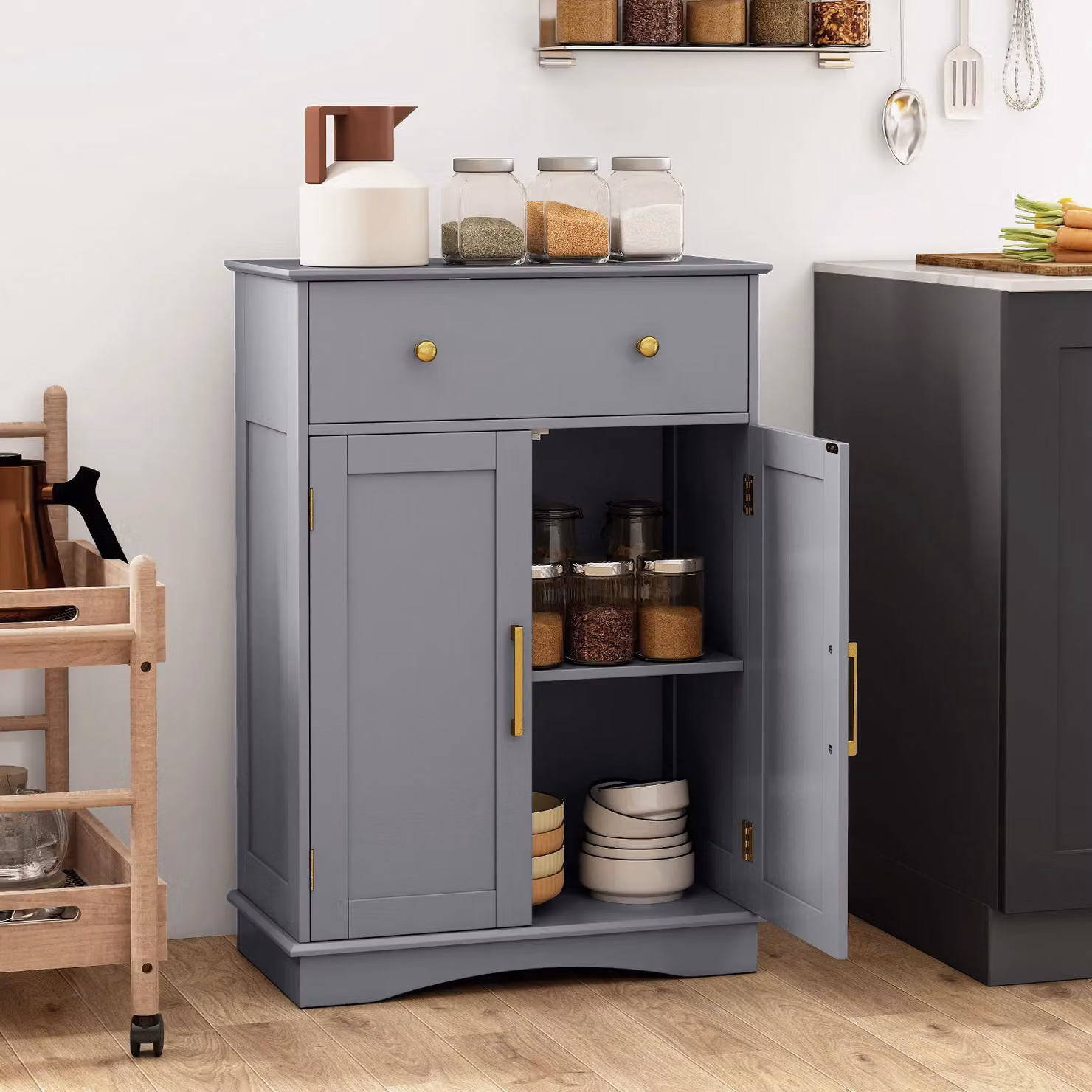 Costway Modern Grey Floor Storage Cabinet Buffet Sideboard with Drawer and Doors – 3