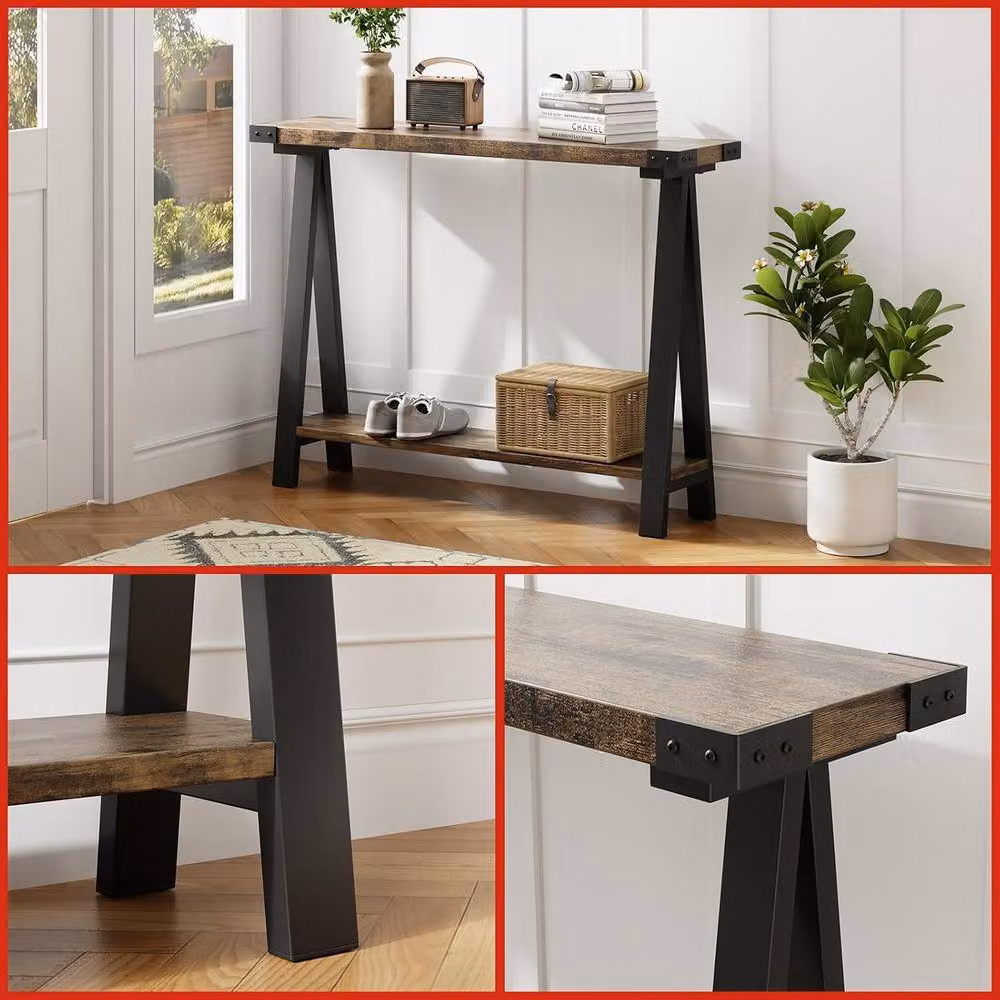 London Boutique 2-Tier Narrow Console Table with Shelf in Brown – 3