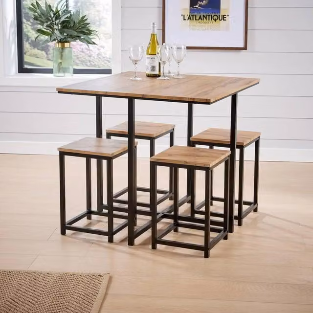 ERGOVEXA Modern Square Wooden Kitchen Breakfast Bar Set with Black Metal Frame and Multicolour Chairs – 1