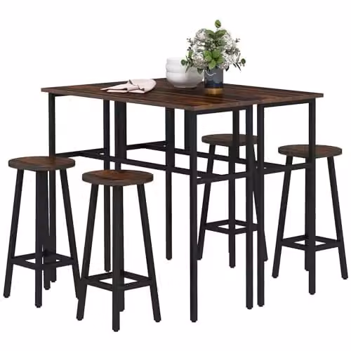 HOMCOM 6-Piece Breakfast Bar Table and Stools Set in Rustic Brown