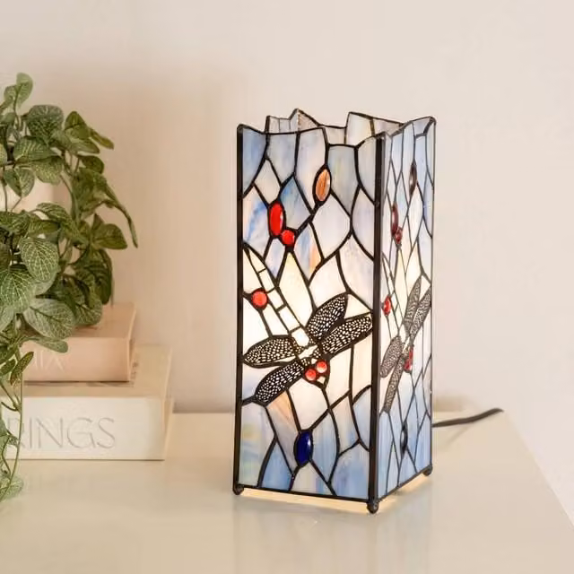 EONLION Vintage Stained Glass Table Lamp in Blue and Bronze