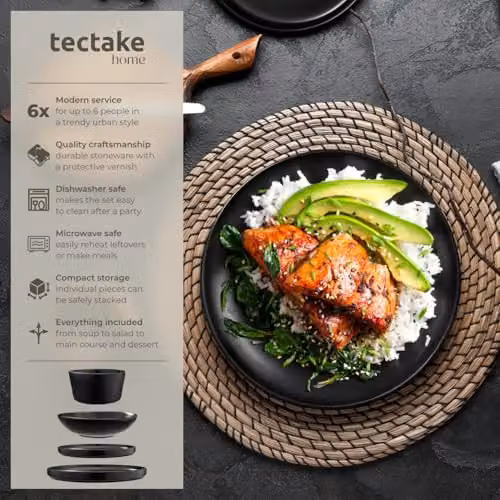 tectake 24-Piece Black Stoneware Dinnerware Set for 6 People – 2