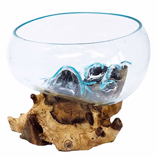 Serenityy Large Round Molten Glass and Wood Open Bowl in Brown and Transparent, W: 33.3 cm, D: 28.0 cm