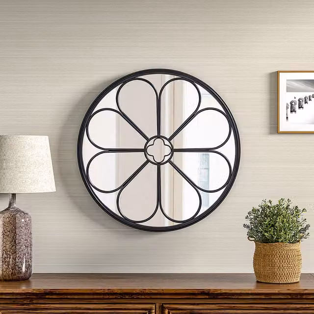 Livingandhome Contemporary Round Floral Glass Wall Mirror in Black, Diameter: 50 cm
