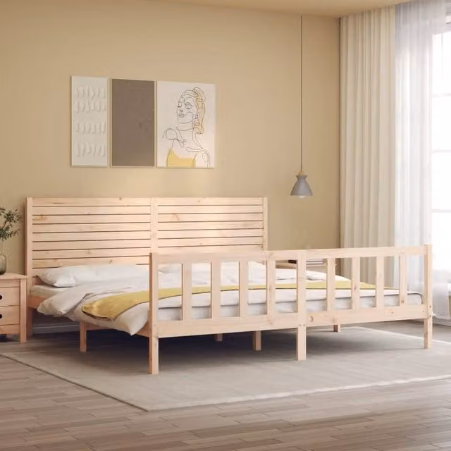 Berkfield Home Beautiful Super King Size Solid Wood Bed Frame with Headboard in Natural Brown