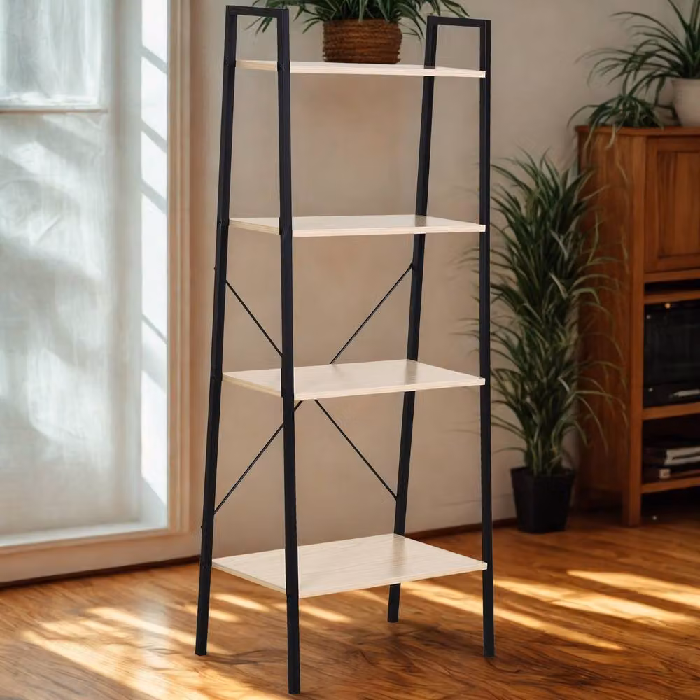 Pirlo Plush 4 Tier Freestanding Ladder Shelf for Living Room Storage, Beige, W: 37.5 cm, D: 37.5 cm, H: 145 cm – 4