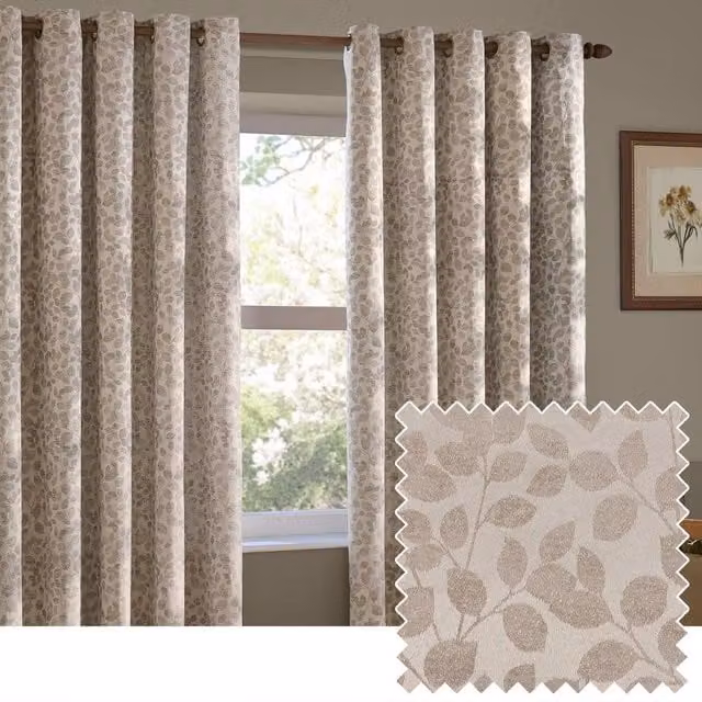 Wylder Haus Grace Leaf Jacquard Eyelet Curtain Pair in Beige, Width: 229 cm, Drop: 137 cm