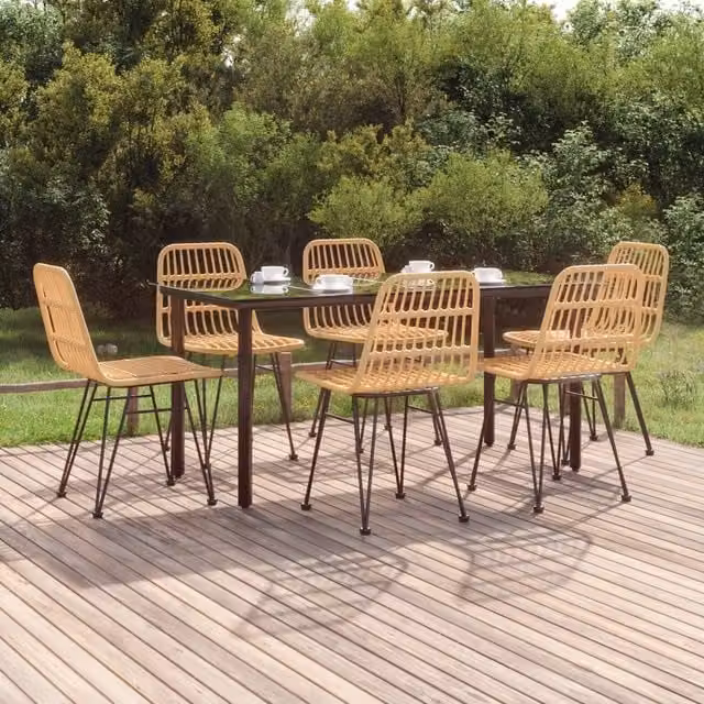 Berkfield Home 7 Piece Brown Poly Rattan Garden Dining Set with Metal and Glass Details – 1