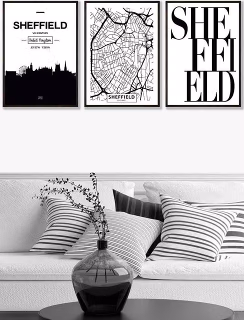 ARTZE Sheffield Skyline Street Map City Print Framed Wall Art in Black, W: 53 cm, H: 73 cm, D: 0.2 cm