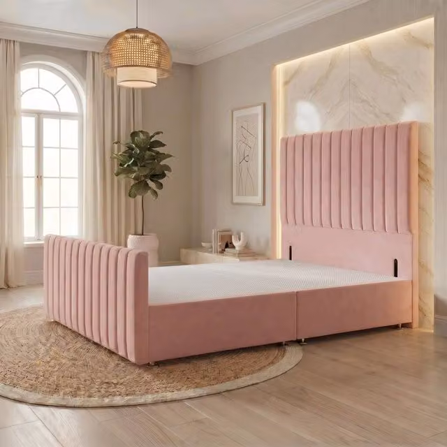 Somnior Eleanor Velvet Divan Base with Headboard and Footboard, Pink, W/D/H: 120 x 200 x 76.2 cm