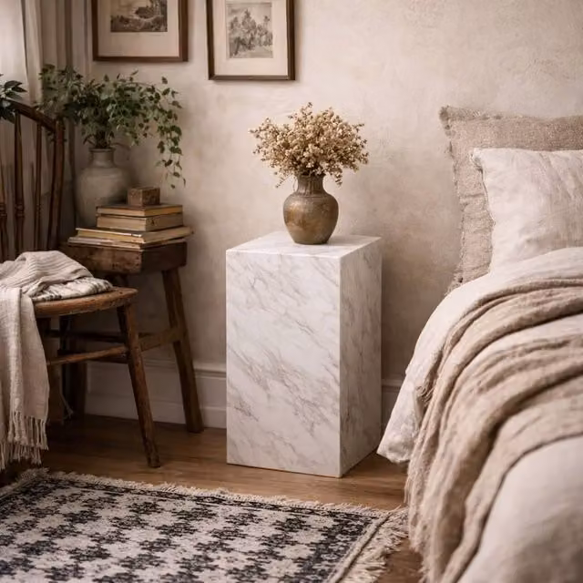 Wyld Haus Dingle White Marble Effect Small Pedestal Side Table