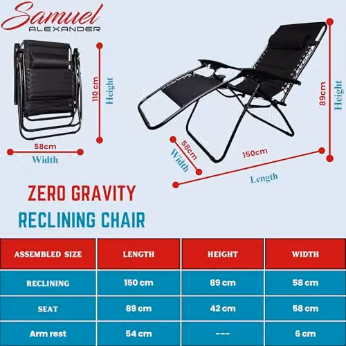 Samuel ALEXANDER Luxury Padded Multi Position Zero Gravity Garden Relaxer Chair Lounger in Black – 2