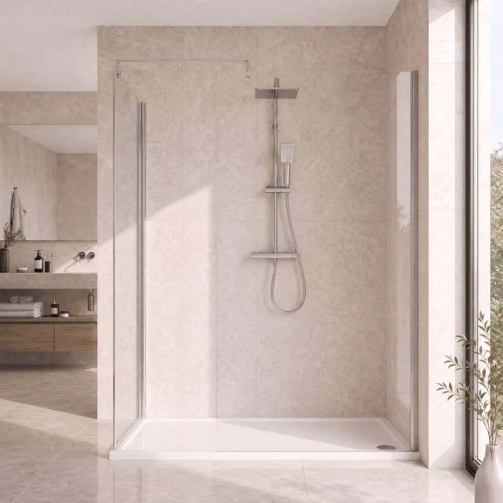 Balterley Matt Black Walk-In Wetroom Shower Bundle with Rectangular Tray and Fixed Transparent Glass, W: 120 cm, D: 70 cm – 1