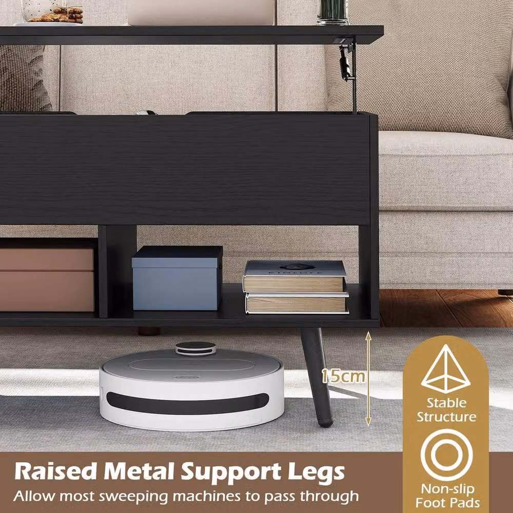 VOGREX Black Mid Century Rectangular Lift Top Coffee Table with Storage Shelves – 5