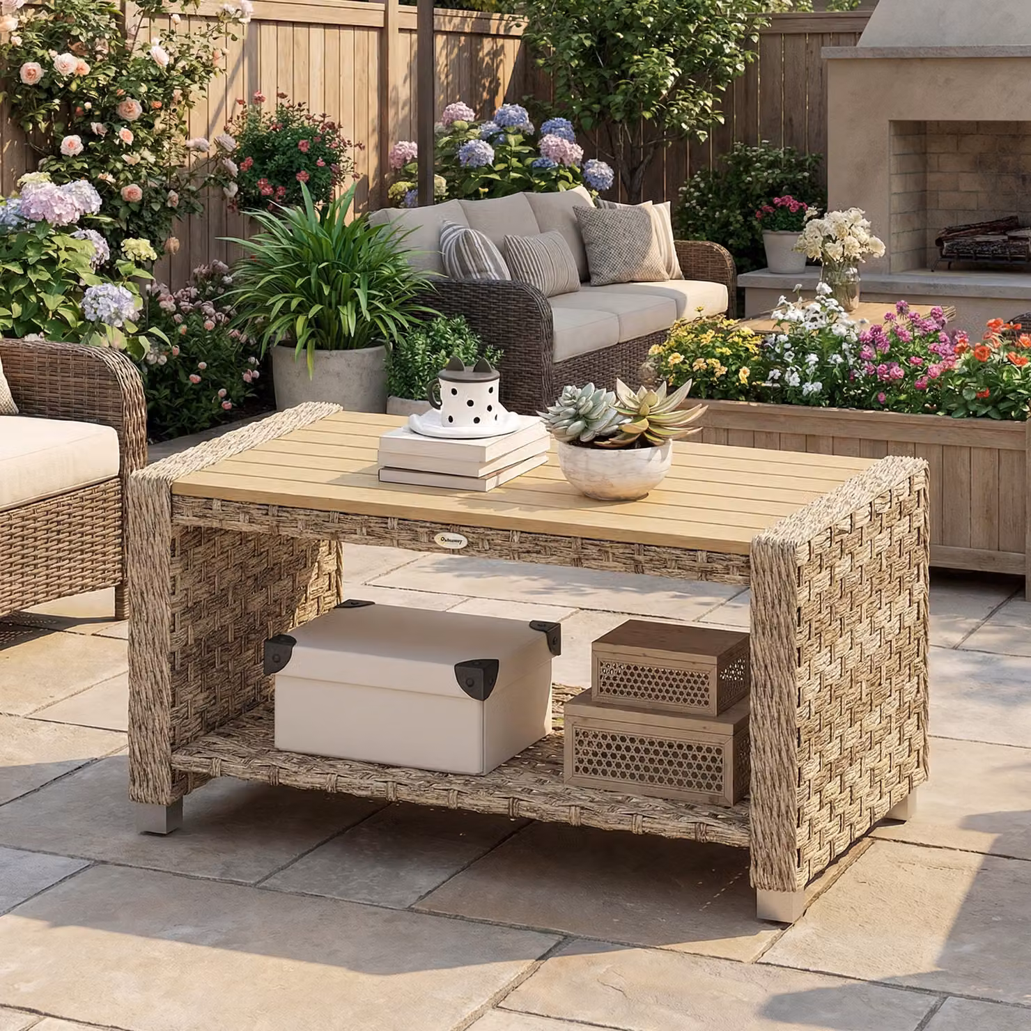 Outsunny Outdoor Coffee Table with Storage Shelf, Light Brown PE Rattan Side Table with Slatted Top – 6