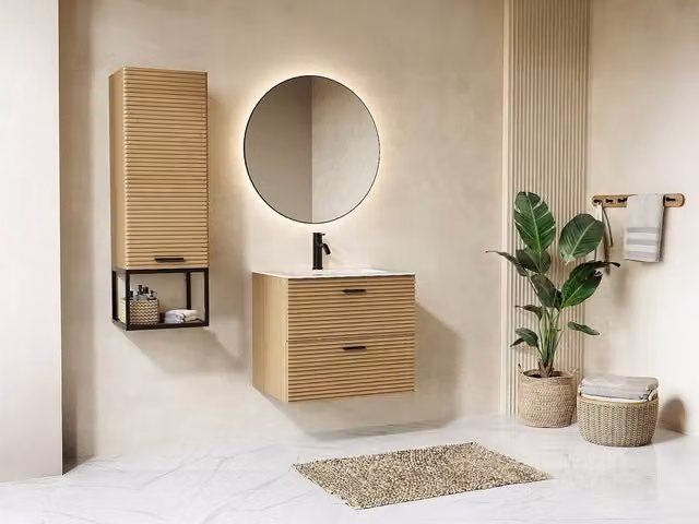 Vente-unique Fluted Wall-Hung Bathroom Vanity Unit and Tall Cabinet in Light Oak – 1