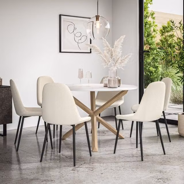 More4Homes Malvern Round Dining Table and 6 Maya Boucle Dining Chairs Set, Marble Top with Solid Oak Legs, Ivory and White – 1
