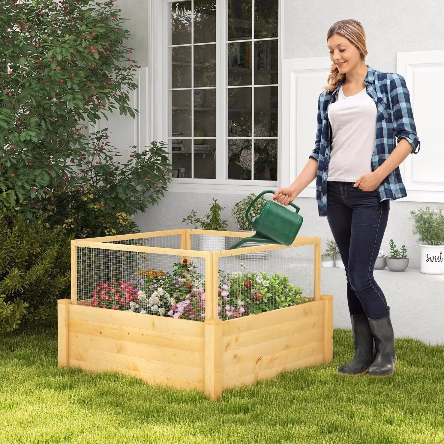 Costway Wooden Elevated Square Raised Garden Bed with Fence in Brown and Sand – 2