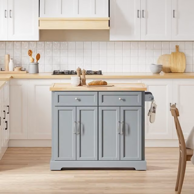 SoBuy Modern European-style Mobile Drop-Leaf Kitchen Island in Grey with 2 Drawers and Adjustable Shelf – 1