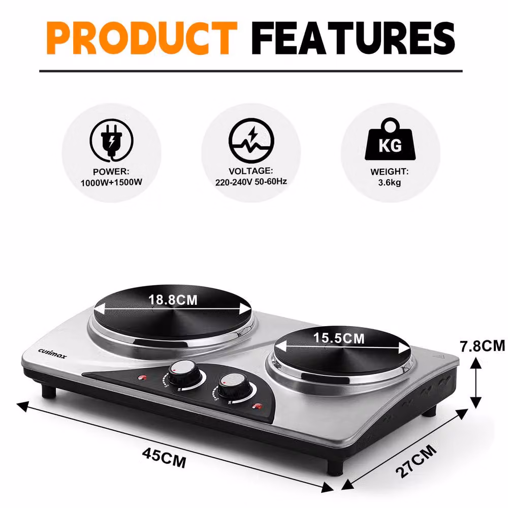 Cusimax Silver 2500W Double Cast Iron Hot Plate with Temperature Controls – 3