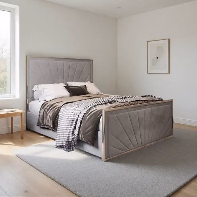 KDMD Thornbury Grey Velvet and Metal Upholstered Designer Bed Frame, W/D/H: 90 x 200 cm