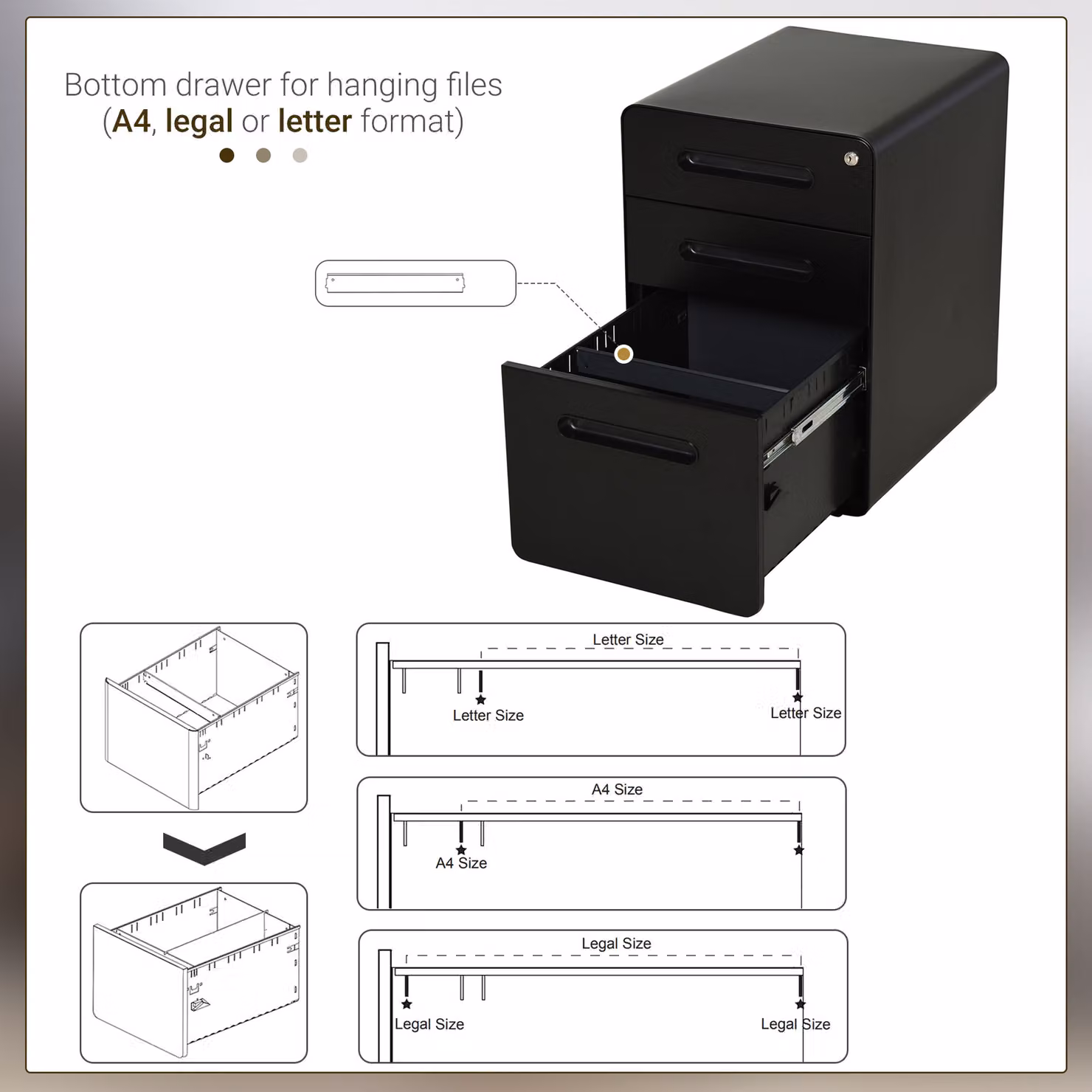 Vinsetto Lockable 3-Drawer Mobile Metal Rolling Vertical File Cabinet in Black – 4