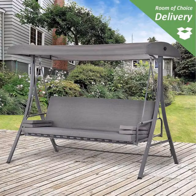 Outsunny 3 Seater Patio Hammock Bed with Sun Canopy and Cushions, Grey