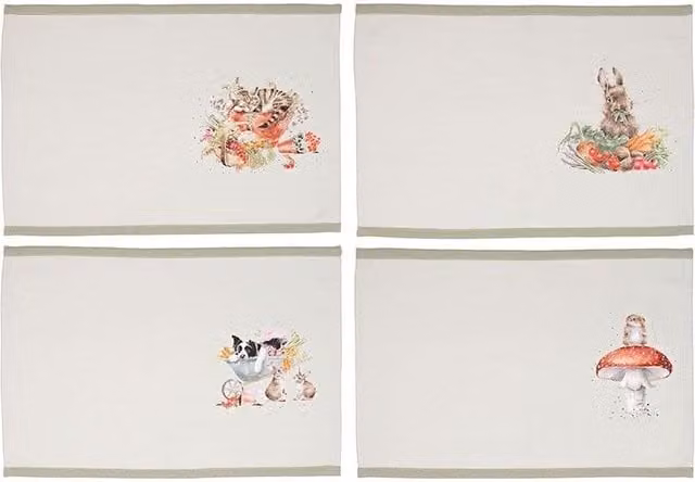 Wrendale Designs Set of 4 Garden Friends Animal Cotton Placemats, Multicolour, W/D: 45.0 x 30.5 cm